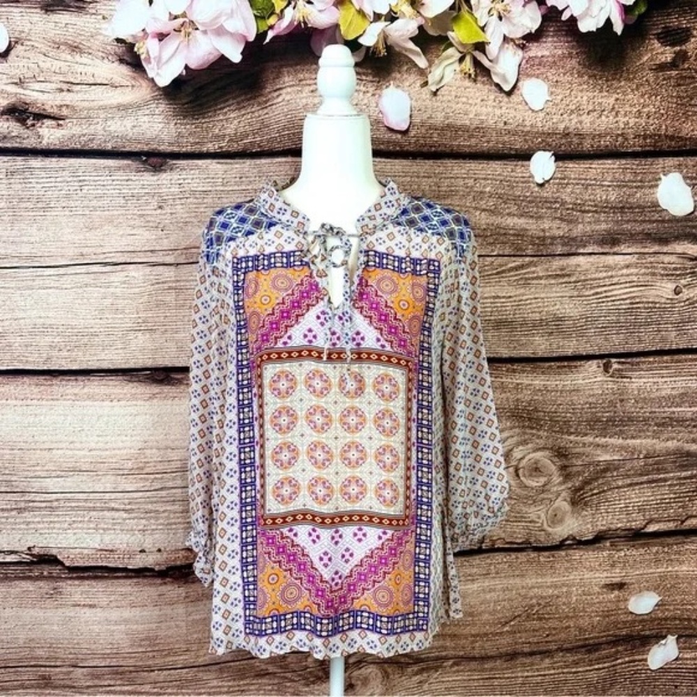 Feathers By Tolani Bohemian Print Blouse Top Medium